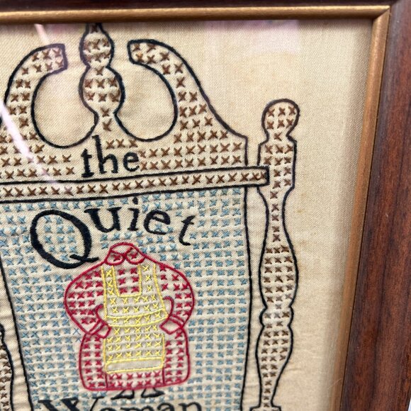 VTG Cross Stitch The Quiet Woman Wood Frame 12x10 Art 18th Cent. Inn Sign - Picture 2 of 10